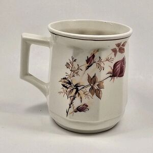 Vintage Floral Ceramic Mug White Brown Pink white Glossy Mexico 1994 Painted
